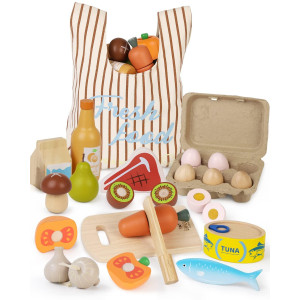 Wooden Play Food Sets For Kids Kitchen, Food Toys For Toddlers 3+ Year Old, With Shopping Bag, Pretend Food Play Kitchen Cutting Fruits Vegetables Toys, Gift For Boys Girls Educational Toys