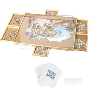 1500 Piece Jigsaw Puzzle Board With Cover - 6 Drawers, Pentaq 35� X 28� Wooden Puzzle Table With 6 Removable Storage & Sorting Drawers, Portable Puzzle Table For Adults And Kids
