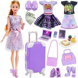 18Indc 17 Pcs Doll Clothes And Accessories Suitcase Travel Set - Miniature Laptop Computer Tablet Phone, Suitcase,Backpack Bag,Clothes Set,Shoes,Telescope,Dollars,Omelette Toast Set For 11.5� Doll