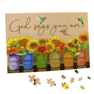 Sunflower Puzzle 300 Piece Puzzles For Adults - Retro Sunflowers And Farmhouse Yellow Flower Hummingbird Animal Inspirational Wooden Jigsaw Puzzles For Family Activities Games - God Says You Are