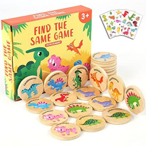 Protado Wooden Match Memory Game For Kids, 24Pc Memory Matching Cards With 5Pc Tattoo Stickers, Educational Memory Matching Game For Pre-Kindergarten Early Learning Development Kids-Dinosaur