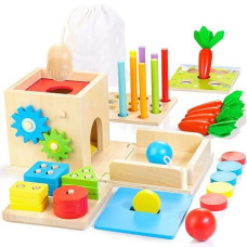 Kizfarm Wooden Montessori Baby Toys, 8-In-1 Wooden Play Kit Includes Object Permanent Box, Coin Box, Carrot Harvest, Shape Sorting & Stacking - Christmas Birthday Gift For Boys Girls Toddlers