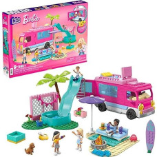Barbie MEgA Barbie car Building Toys Playset, Dream camper Adventure With 580 Pieces, 4 Micro-Dolls and Accessories, Pink, For Kids Age 6+ Years
