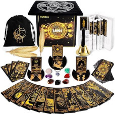 78 Tarot Cards With Guide Book, Black Tarot Deck Gift Set With Tarot Cloth, Chakra Stones And More, Tarot Cards Deck Fortune Telling Game Craft Cardboard For Beginners And Expert Readers