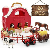Farm Animals Red Barn Toys, 20Pcs Farm Figurines And Fence Playset, Farmer Vehicle Toy Truck Pretend Play Set For 3-10 Years Old Kids Boys Girls Toddlers