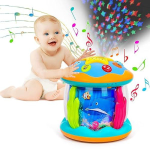 Baby Toys 6 To 12 Months - 4 In 1 Tummy Time Crawling Toy Early Development Learning Toddler Toy, Rotating Sea World Night Light Toy, Light Up Musical Project For Boy Girl Gifts