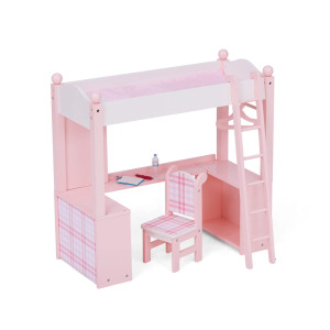 Sophia'S Princess Aurora Doll Loft Bed & Desk Combination With Matching Chair & Built-In Clothing Storage For 18 Dolls, Pink & White Plaid Doll Furniture For Girls