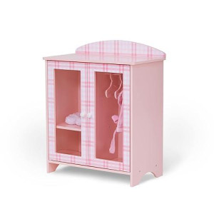 Sophia'S Princess Aurora Doll Furniture, Plaid Doll Wardrobe Closet With Glass Doors, Hangers, Bathrobe, & Fuzzy Bunny Slippers For 18 Dolls, Pink & White
