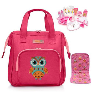 Happyvk- Baby Doll Diaper Bag With Doll Changing Pad And Doll Accessories Set - Handbag For Girls- Owl Embroidery