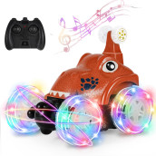 Kizeefun Remote Control Car, Dinosaur Rc Stunt Car Invincible 360�Rolling Twister With Colorful Lights & Music Switch, Rechargeable Rc Car For Toddlers, Kids, Boys And Girls (Brown)