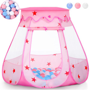 Wilhunter Baby Ball Pit For Toddler With 50 Balls, Kids Pop Up Play Tent For Girls, Princess Toys For Children Indoor & Outdoor Playhouse With Carry Bag (Pink: Pink/White/Babyblue, 109X90Cm/50 Balls)