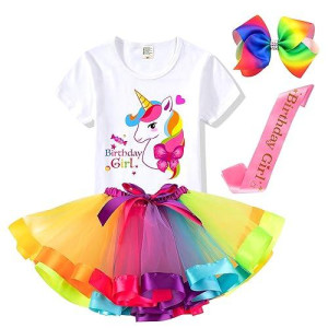 Birthday Girls Costume - Headband, Shirt, Tutu Skirt Dress, Satin Sash - Unicorn Gifts For Girls (Pink Birthday Girl 7, 6 Years)