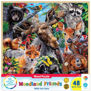 Masterpieces 48 Piece Fun Facts Jigsaw Puzzle For Kids - Woodland Friends Wood Puzzle - 12"X12"