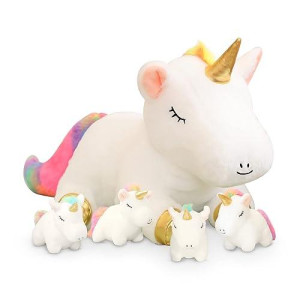Sqeqe Colorful Unicorn Plush Toy With 4 Baby Plush Unicorns In Her Tummy, Stuffed Cotton Plush Animal Toy Gift For Kids