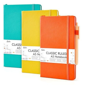 Feela Hardcover Notebook For Work, Classic Ruled Lined Journal Set School Business Supplies, With 3 Black Pens, 120 Gsm, 5.1�X8.3�, 3 Pack, A5, Solid Colors, Yellow, Orange, Emerald