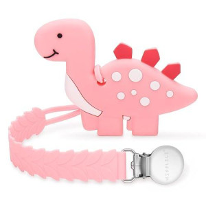 Misslili Teething Toys For Babies 0-6 6-12 Months Baby Teethers With Clip Silicone Baby Teether Toys For Boys And Girls Infant Teething Relief For Teething Dinosaur Shape, Pink
