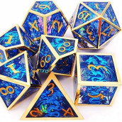 Haomeja Hollow Metal + Resin Dragons Dice Set Dnd 7 Set Dice Role Playing Dice D&D Dungeons And Dragons (Blue)