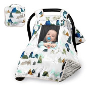 Baby Car Seat Cover, Car Carseat Canopy Boys, Minky Cozy & Warm Cover, Infant Carrier Cover With Peep Windows, Soft & Breathable, Adventure Mountain Nursery Theme