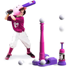 Qdragon 2 In 1 T Ball Sets For Kids 3-5 5-8, Tee Ball Set With Automatic Pitching Machine/Adjustable Batting Bat & Stand/6 Balls, Baseball Toys Outdoor Sport For Toddlers Girls, Pink