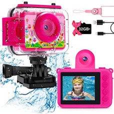 Gktz Kids Waterproof Camera - Underwater Camera Birthday Gifts For Girls Boys Children Digital Action Camera With 32Gb Sd Card, Pool Toys For Kids Age 4 5 6 7 8 10