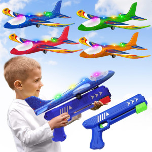 Wesfuner 4 Pack Airplane Launcher Toys, 2 Flight Modes Led Foam Glider Catapult Plane Toy For Boys, Outdoor Flying Toys Birthday Gifts For Boys Girls 4 5 6 7 8 9 10 11 12 Year Old