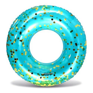 Cota Global Inflatable Pool Float Tube - Premium Sparkly Confetti Pool Float, Inflatable Tube Ring Pool Float For Kids And Adults, Heavy Duty Pool Ring Party Float For Beach, Lake - 36 Inch, Blue Gold