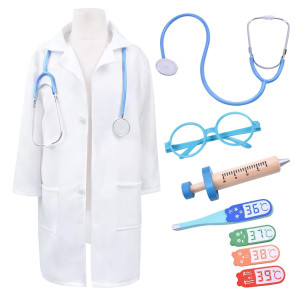 Wicot Kids Doctor Nurse Costume Kit White Lab Doctor Coat With Hat Stethoscope Toys Wooden Doctor Playset Kit Halloween Role Play Birthday Party Dress Up For Kids Toddlers Boys Girls 7-8 Years