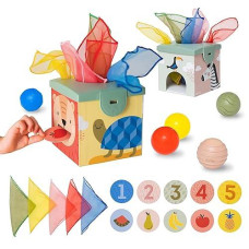 Taf Toys Sensory Baby Tissue Box, Object Permanence Box, Imaginary Play For Infants & Toddlers, Montessori Square Sensory Toys Colorful Pull Scarves, Play Balls & Cards Educational Preschool Learning