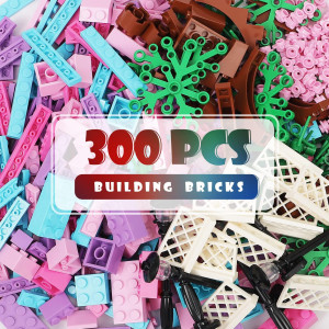 Unirolic 300Pcs Classic Building Blocks, Macaroon Basic Building Bricks With Trees, Fences & Streetlights, Mix Colors Bulks Building Sets For Boys And Girls, Compatible With All Brands