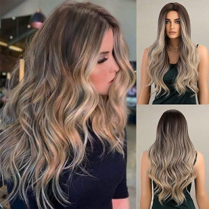 Long Wigs For Women Ombre Brown To Blonde Synthetic Curly Hair Wig Middle Part Heat Resistant Wigs For Party Daily Use�