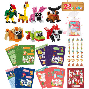 Valentines Day Gifts For Kids Classroom-28 Packs Animal Building Blocks With Kids Valentines Day Cards For School & Stickers, Class Valentines Gifts Boxes For Kids Boys Girls Party Favors Exchange