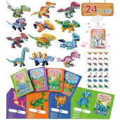 Colplay 24 Packs Valentines Day Gifts For Kids Classroom-Dinosaur Building Blocks With Valentines Day Cards For Kids School & Stickers, Exchange Valentines Party Favors Boxes For Kids Boys Girls