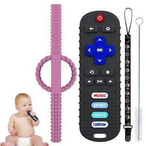 Baby Teether Toys - Tv Remote Control Shape Silicone Toddler Teething Toys For Babies 6-12 Months (Black + Dark Purple)