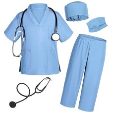 Doctor Costume For Kids Scrubs Pants With Accessories Set Toddler Children Cosplay 10-11 Years Sky Blue