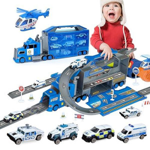 Big Truck Toys,6 In 1 Toddler Alloy Police Vehicle Toy Set,With Track And Parking Lot,Kids Play Carrier Trucks Helicopter Transporter Cars For Toddler,Birthday For 1 2 3 4 5 6 Years Old Boys