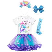 Doctor Unicorn Birthday Girls Mermaid Outfit Set Costume Tutu Skirt Dress, Mermaid Birthday Shirt, Headband & Satin Sash (Blue Mermaid, 6-7 Years)