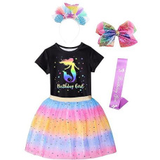 Doctor Unicorn Birthday Girls Mermaid Outfit Set Costume Tutu Skirt Dress, Mermaid Birthday Shirt, Headband & Satin Sash (Black/Rainbow Mermaid, 3-4 Years)