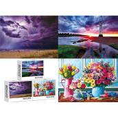 3 Pack 1000 Pieces Purple Lightning Puzzle, Sunset Lighthouse Puzzle &Spring Flowers Puzzle, Jigsaw Puzzles For Adults 1000 Pieces And Up, Christmas Puzzle Gifts For Women & Mom