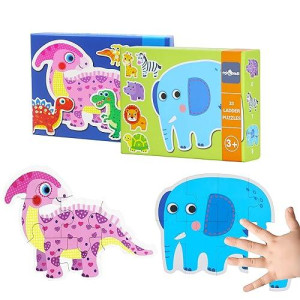 12 Packs Puzzles For Toddlers Ages 2 3 4 5 Years Old, Safari Animals & Dinosaur Shaped Wooden Jigsaw Puzzles For Beginner, 2 Box In 1 Set Best Gifts For Kids By Flyingseeds