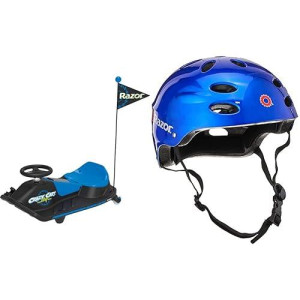 Razor Crazy Cart Shift For Kids Ages 6+ (Low Speed) 8+ (High Speed) & V-17 Youth Muli-Sport Helmet, Gloss Blue