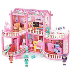 Deao Dollhouse For Girls,2-Story 6 Rooms Princess Girls Doll House Kit With 6 Dolls And Dollhouse Furnitures,Diy Play House For Girls Ages 4 5 6 7+