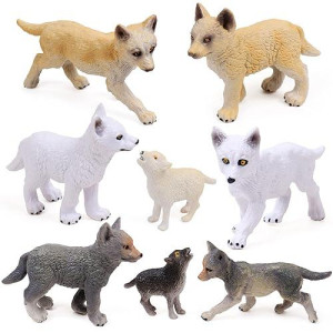 Restcloud 8Pcs Wolf Cub Toy Figure Set Baby Wolves Animals Figurines