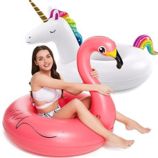 Inflatable Unicorn Flamingo Pool Floats - Jasonwell 2 Pack Pool Floaties Inflatables Rafts For Swimming Pool Tubes For Floating Lake Beach Floaty Swim Rings Pool Party Toys For Adults Kids