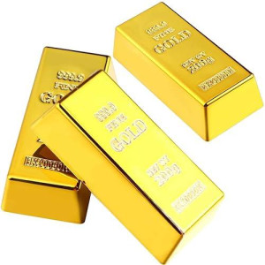 3Pcs Simulated Treasure Fake Plastic Golden Brick Bullion, Gold Bar Paperweight, Stage Prop, Kids Gift, Party Supplies, Bank Pretend Play(2.4 Inch)