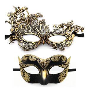Masquerade Mask For Couples Lace Eye Mask Venetian Carnival Halloween Mask Party Ball Prom Mask Costume Mardi Gras Cosplay 2Pack (Gold)