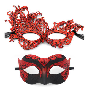 Masquerade Mask For Couples Lace Eye Mask Venetian Carnival Halloween Mask Party Ball Prom Mask Costume Mardi Gras Cosplay 2Pack (Red)