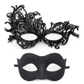 Masquerade Mask For Couples Lace Eye Mask Venetian Carnival Halloween Mask Party Ball Prom Mask Costume Mardi Gras Cosplay 2Pack (Black)