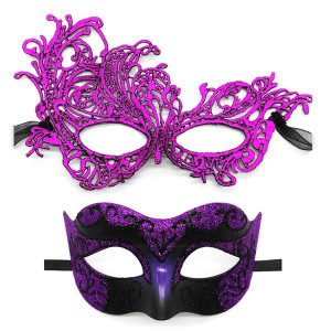 Masquerade Mask For Couples Lace Eye Mask Venetian Carnival Halloween Mask Party Ball Prom Mask Costume Mardi Gras Cosplay 2Pack (Purple)