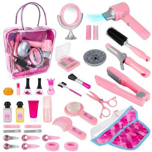 Deao Girls Beauty Salon Set 35Pcs Kids Pretend Play Makeup Sets With Hairdryer, Mirror, Curling Iron And Other Accessories Kids Toddler Fashion Cutting Makeup Party Favor, Birthday Gift (Fake Makeup)