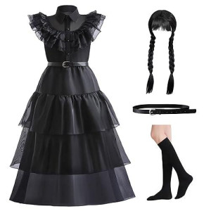 Grivos Black Costume Girls Dress For Kids Black Outfit Halloween Costumes Cosplay Party With Belt Wig Socks 4-14Y